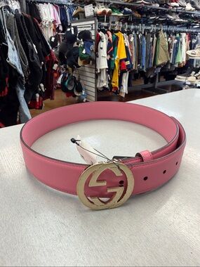 Gucci Pink Leather Belt with Gold Interlocking G Buckle